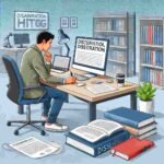 Illustration of a student working on a doctoral dissertation, surrounded by books, research papers, and a laptop, representing the process of exploring 100 doctoral dissertation topics for academic research