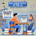 Illustration of a student seeking help for assignments and essays, sitting at a desk with books and a laptop in a study environment. The image includes the text 'Buy Cheap Essay in the US' and 'OnlineAssignmentHelp.io